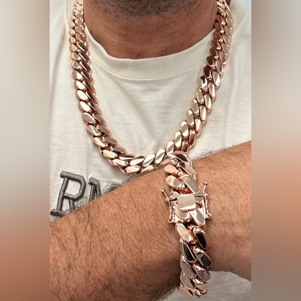 Set Chain & Bracelet 20mm Miami Cuban Link Pink Red Rose Gold Plated Chain